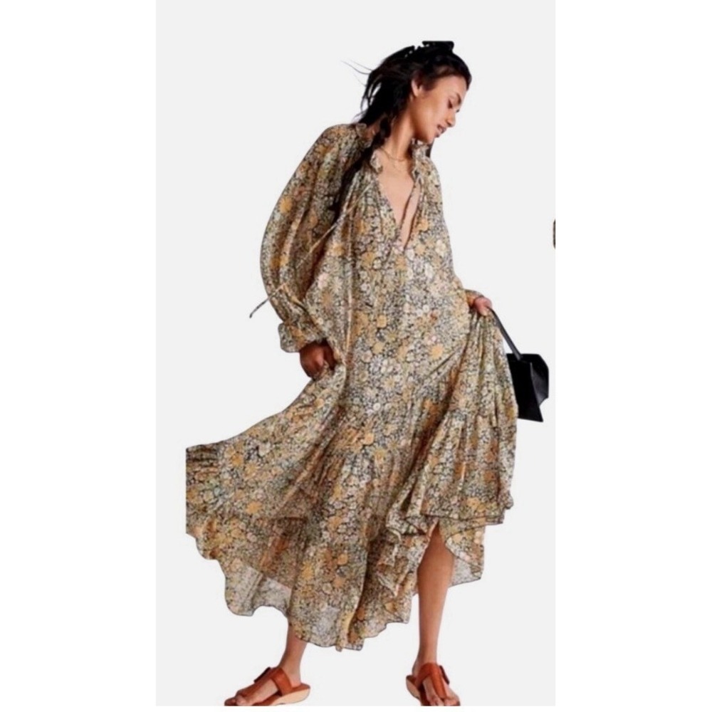 Free People Feeling Groovy Maxi Dress Floral Print Boho‎ V-Neck Black M